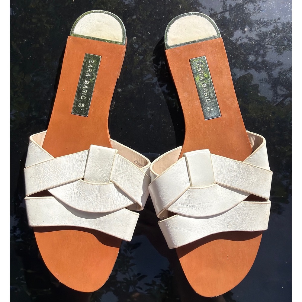 Zara Basic White Leather Crisscross Slide Sandals Flat Slip On Shoes Size 38